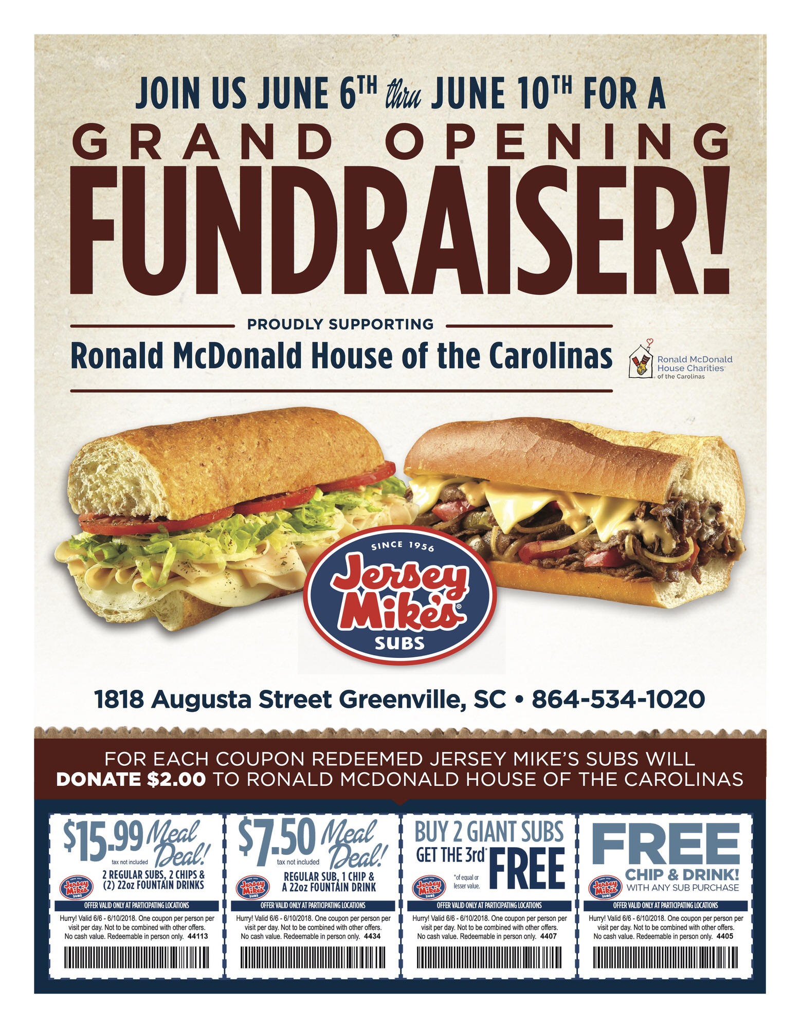Jersey Mike's Subs on Augusta To Open Wednesday! - Ronald McDonald